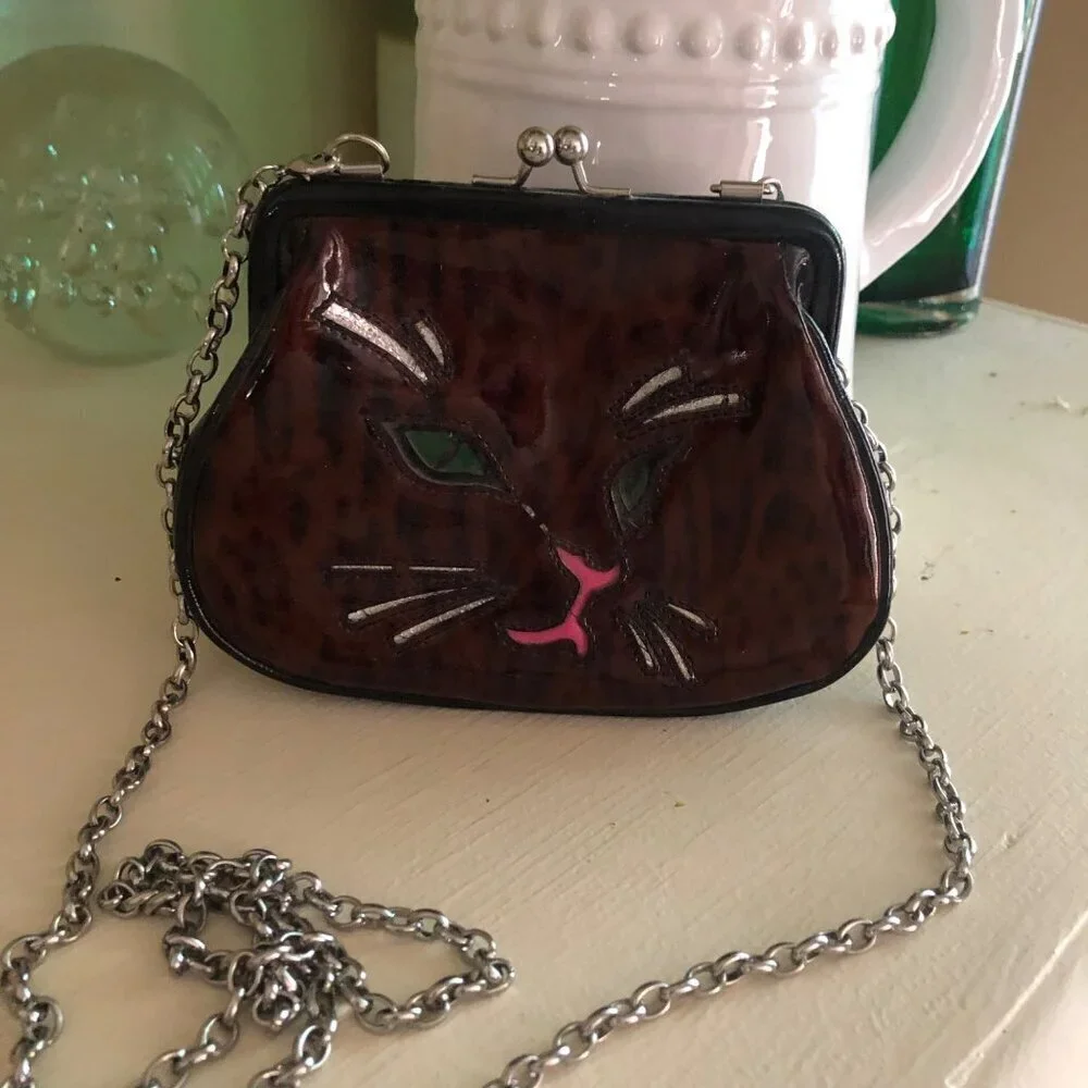 Brighton Cat Kisslock Coin Handbag Patent Small Leopard Print Purse - Picture 2 of 12